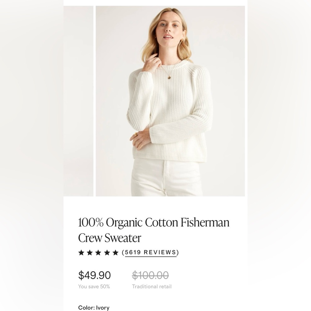 NWT Quince 100% Organic Cotton Fisherman Crew Sweater Size Small